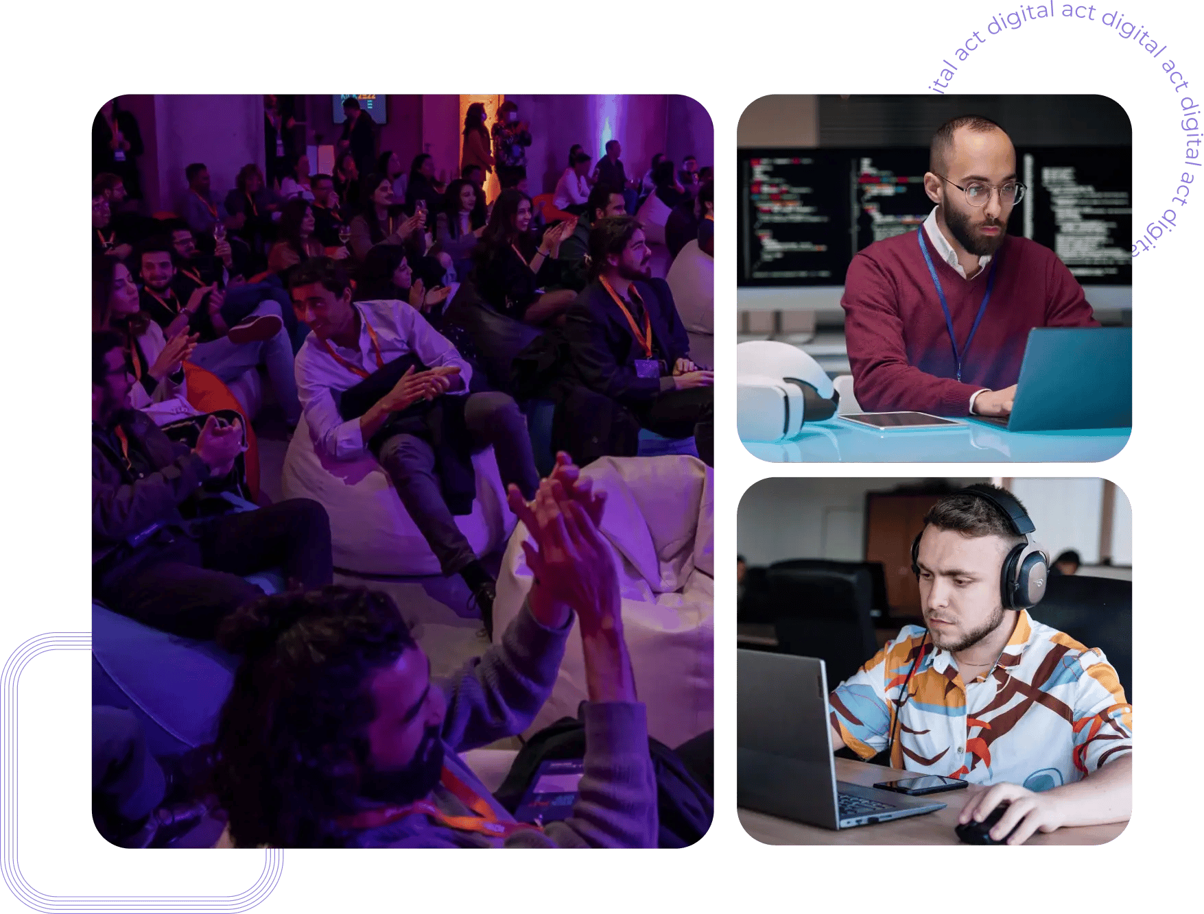 Montage von act digital IT-Beratern auf einer Party und bei der Arbeit im Büro